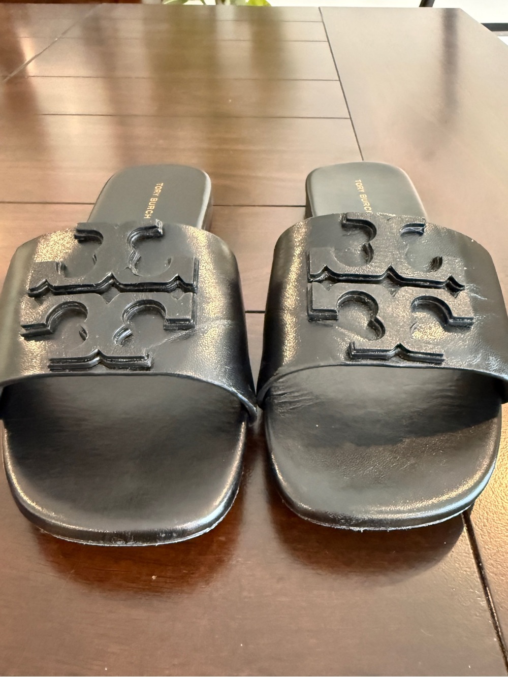 Tory Burch Ines Leather Slide Sandals Black Double T Logo Size 7 - Picture 2 of 7